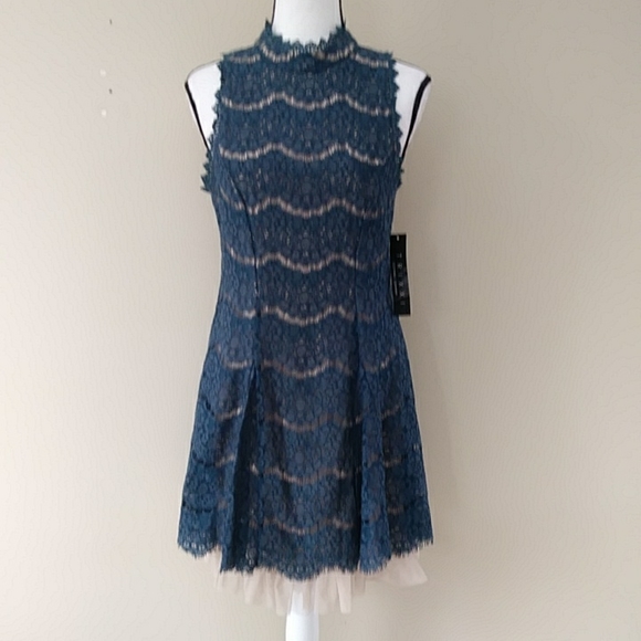 NWT Trixxi Lace Crochet High Neckline Floral Tulle Dress J 9 Blue / Green Cream - Picture 2 of 16